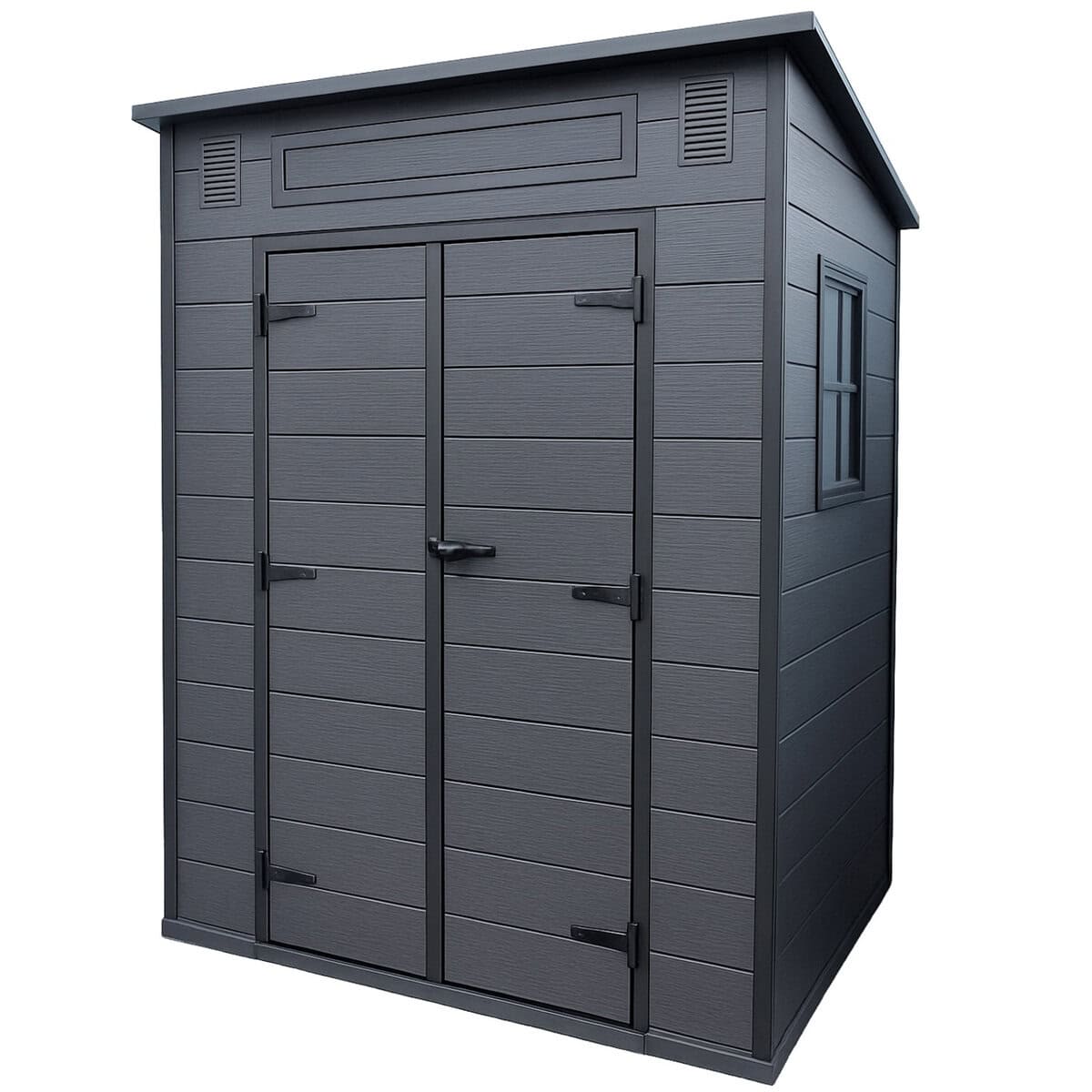 DOR-3440-1 Magazie gradina pentru unelte, cu usa dubla si fereastra, PVC imitatie lemn, 181x130x200 cm, negru Mob360 - imagine 1
