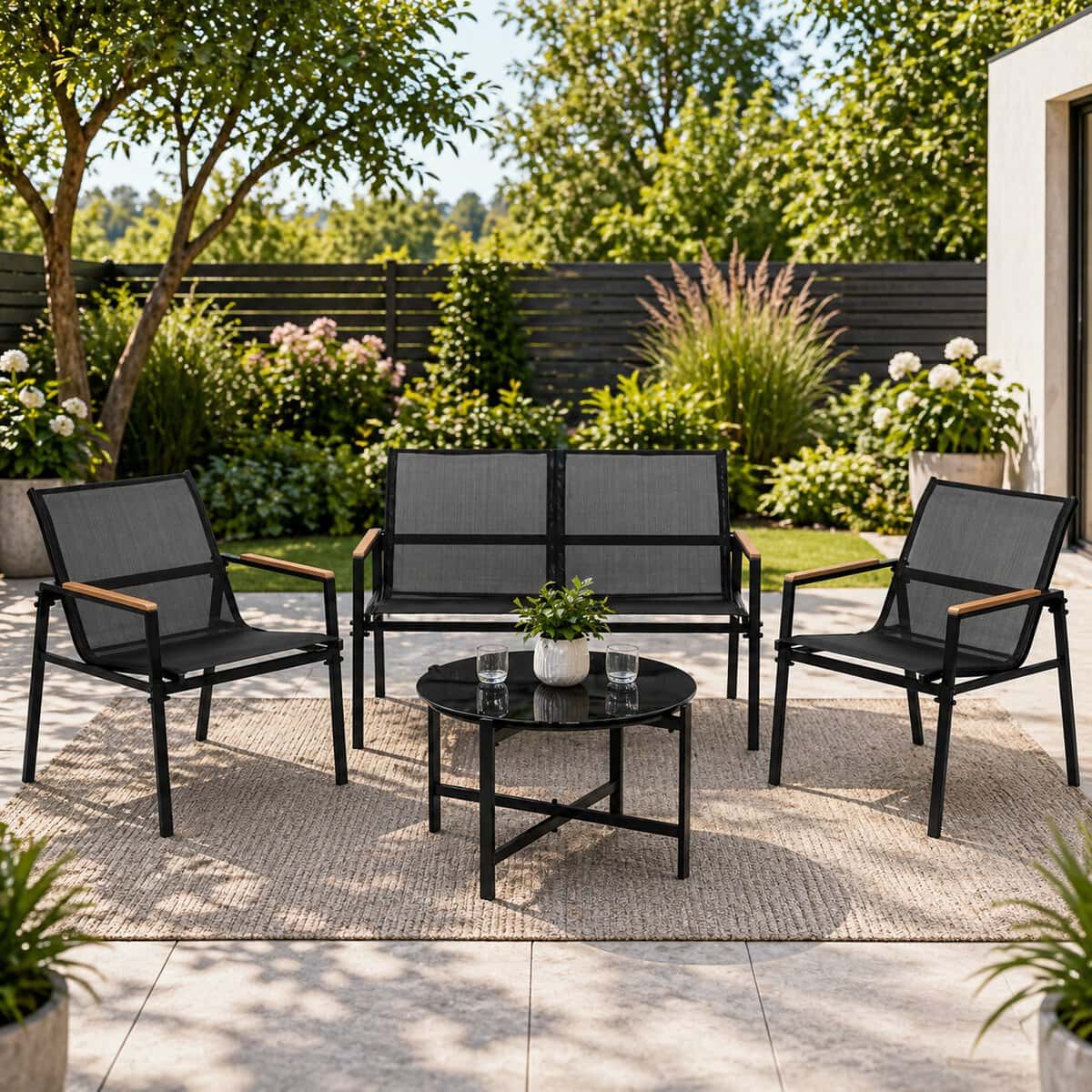 GF-0120-1 Set mobilier gradina 4 locuri, canapea 2 locuri, 2 scaune si masa rotunda sticla, cadru metalic, 119x71x82 cm, negru Mob360 - imagine 1