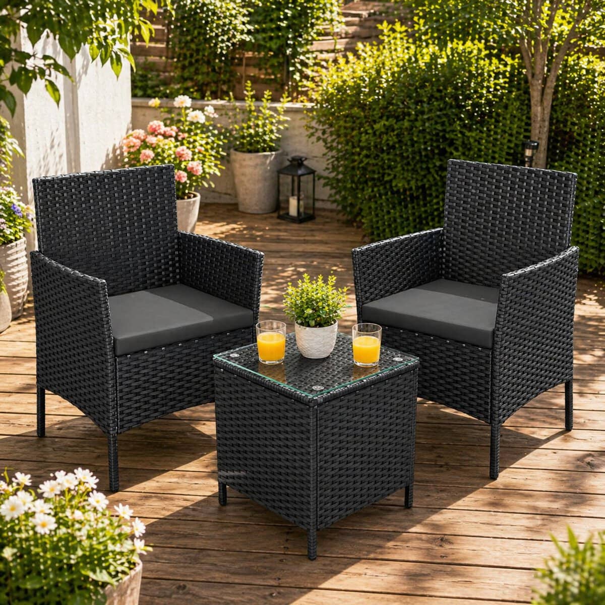GGF003BZ03-1 Set mobilier gradina cu 2 locuri, 2 scaune si masa cu sticla, ratan PE, negru si gri Mob360 - imagine 1