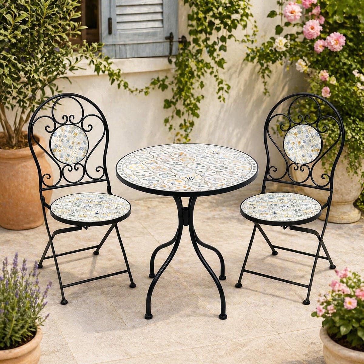 GOM-4140 Set mobilier gradina Louloudia 3 piese, masa si 2 scaune pliabile, mozaic decorativ, metal, multicolor Mob360 - imagine 1