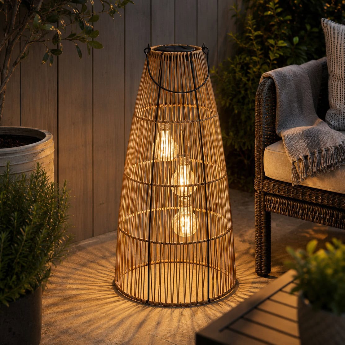 LAP-0213 Lampion solar decorativ 55 cm, iluminare ambientala LED, model cu decupaje, pentru gradina sau terasa, maro Mob360 - imagine 1