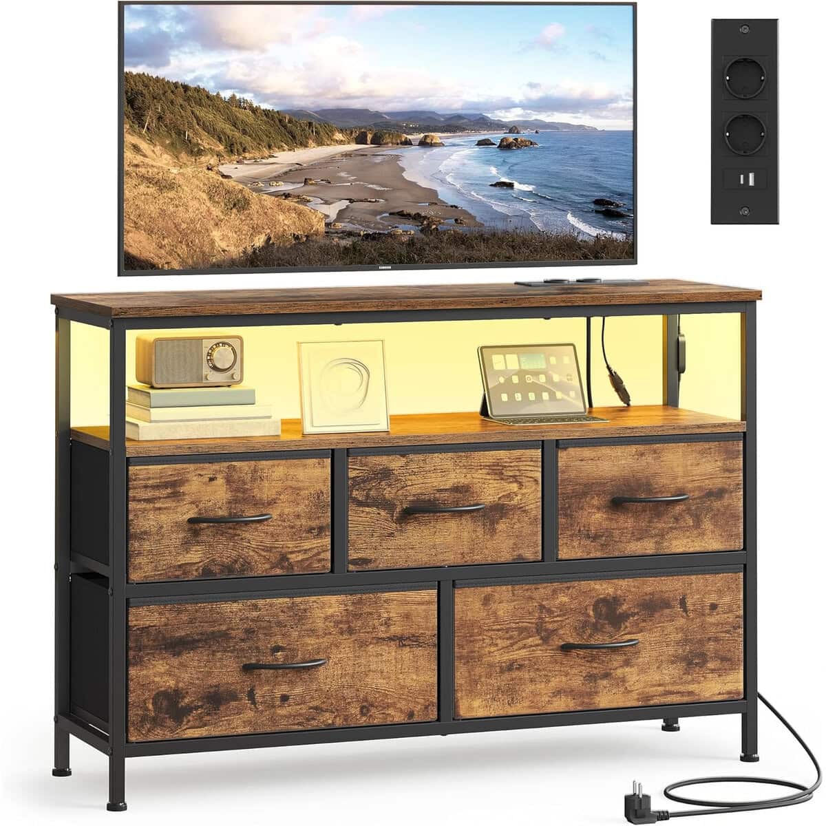 LGS723KD01-2 Comoda cu iluminare LED, statie incarcare cu prize si USB, 5 sertare si raft deschis, stil industrial, 99x30x68 cm, maro rustic Mob360 - imagine 1