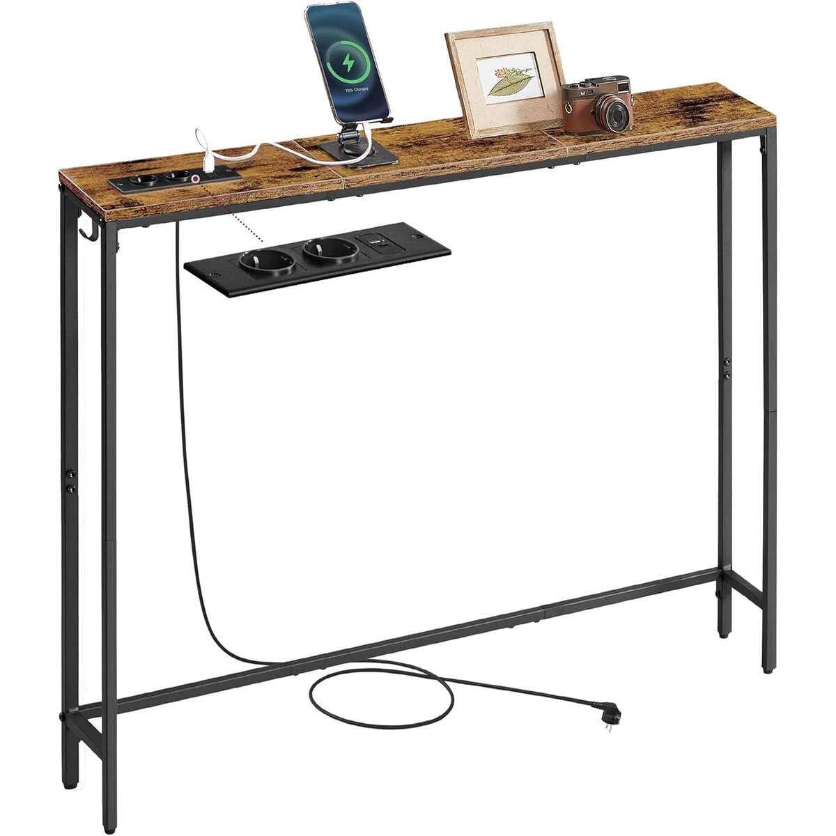 LNT079K02-3 VASAGLE Masa tip consola ingusta cu statie de incarcare, prize si porturi USB, cadru metalic, 100x15x80 cm, maro rustic Mob360 - imagine 1