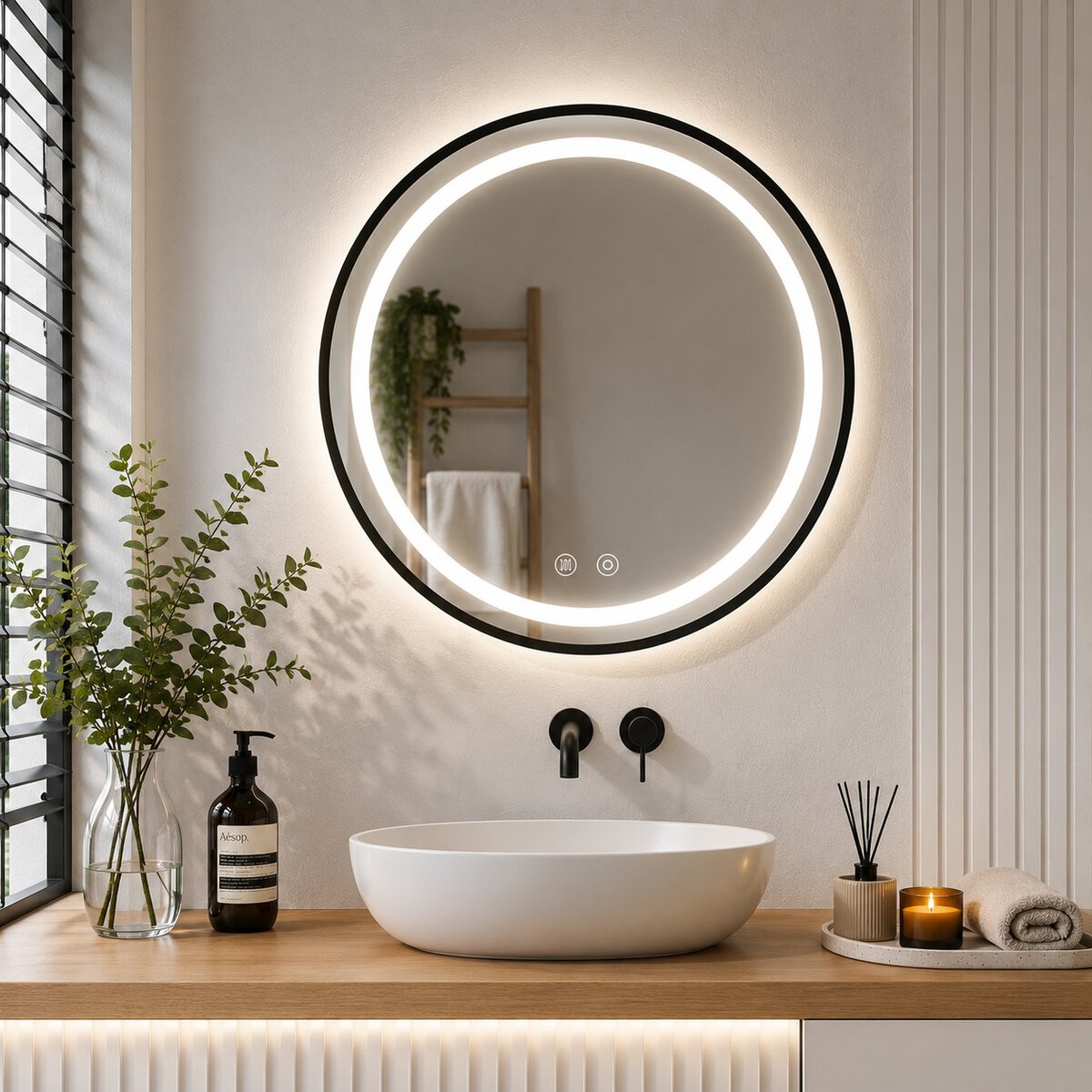 ML-VKM-ECO-2-6-1 Oglinda baie LED rotunda cu functie anti-aburire, iluminare reglabila cu control tactil, 60 cm, negru Mob360 - imagine 1