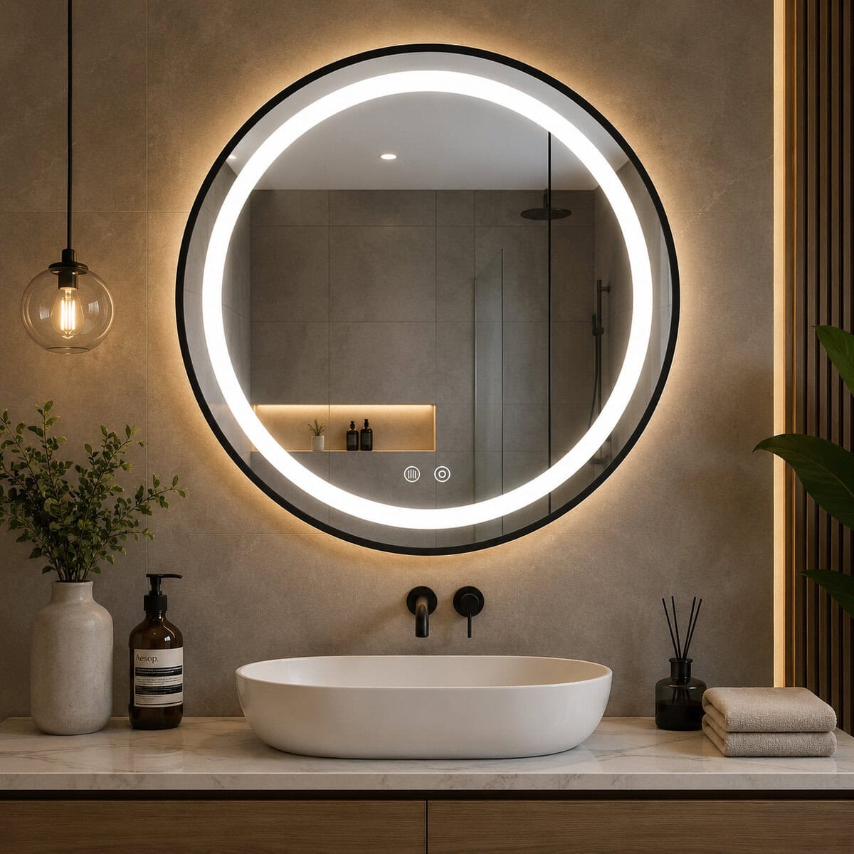 ML-VKM-ECO-2-8 Oglinda baie LED rotunda cu functie anti-aburire, iluminare reglabila cu control tactil, 80 cm, negru Mob360 - imagine 1