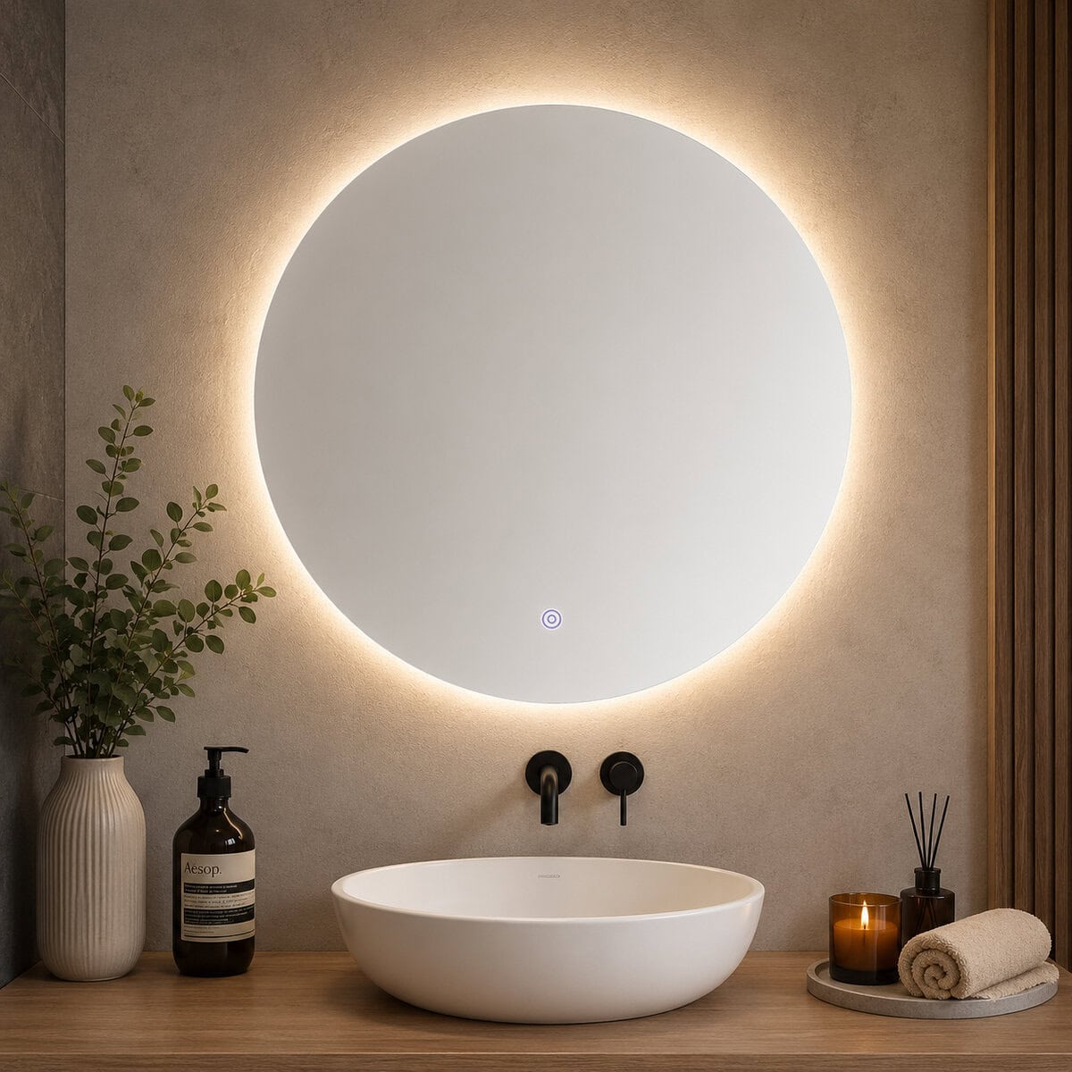ML-VKM-ECO-3-6-8 Oglinda baie LED rotunda cu functie anti-aburire, iluminare perimetrala reglabila cu control tactil, 60 cm Mob360 - imagine 1