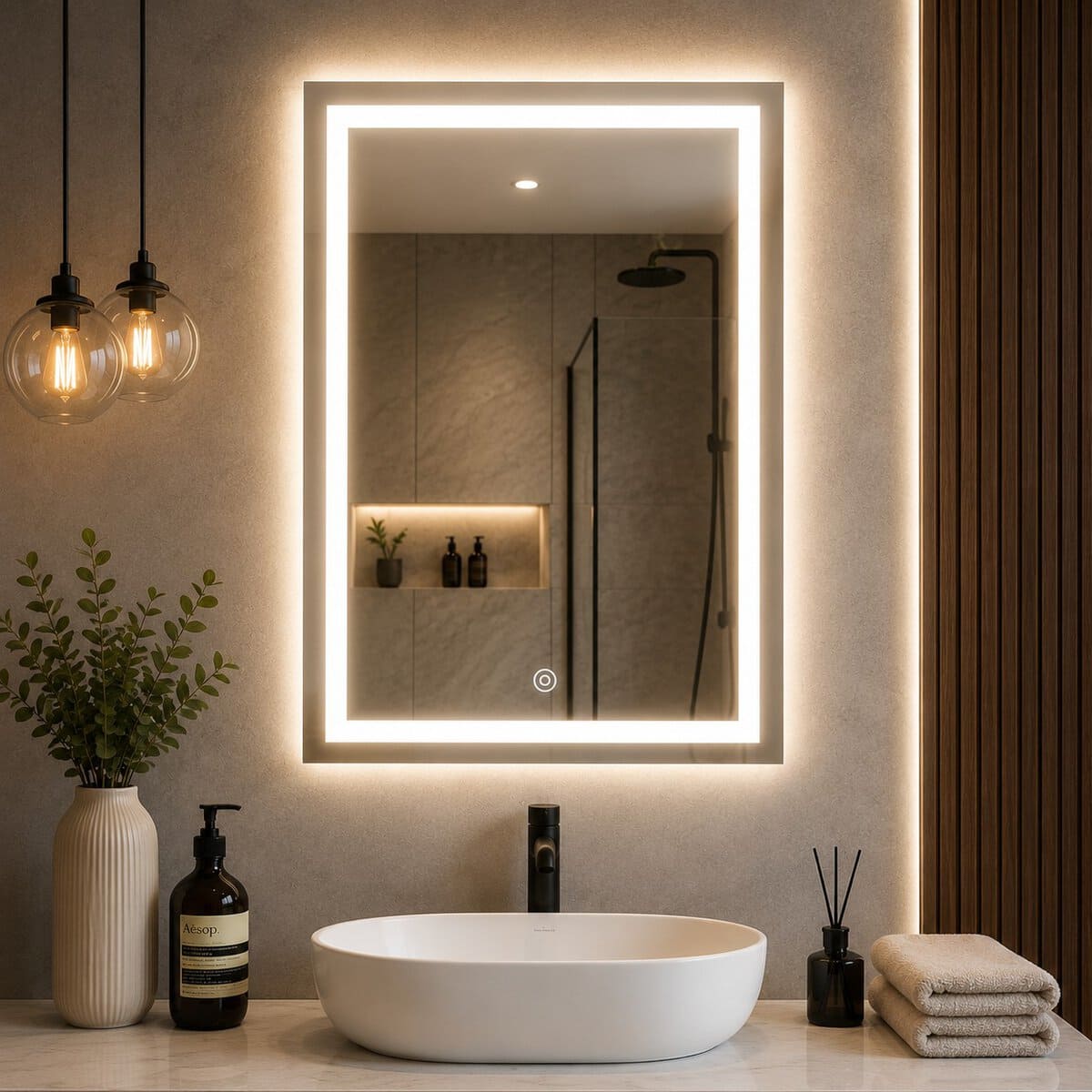 ML-VKM-ECO-4 Oglinda baie LED dreptunghiulara cu functie anti-aburire, iluminare reglabila cu control tactil, 50x70 cm Mob360 - imagine 1