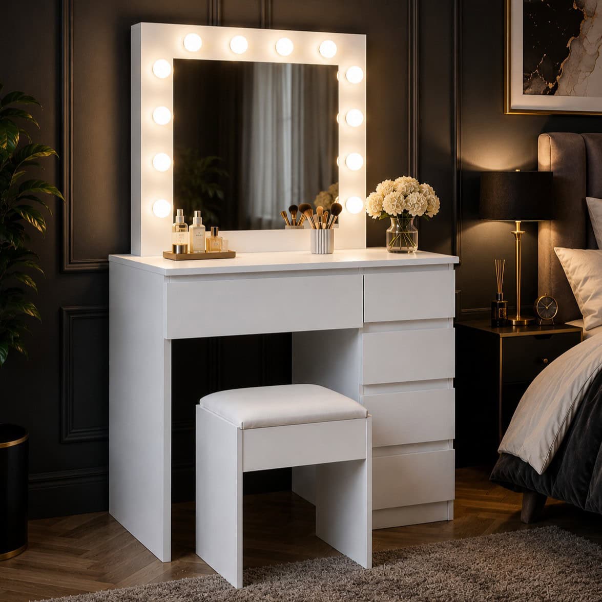 MRDT10-MW-0 Masa de toaleta si machiaj Hollywood Pro, alba, cu 5 sertare, oglinda si 12 LED-uri, taburet tapitat, 94x43x140 cm Mob360 - imagine 1
