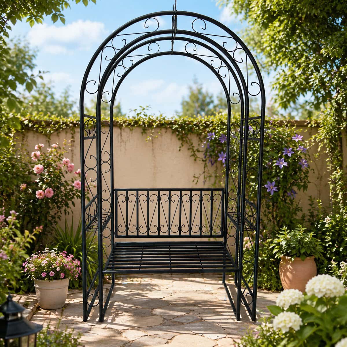 PERG-N9512-1 Pergola decorativa pentru gradina cu banca, suport plante cataratoare, structura otel, 130x48x238 cm, negru Mob360 - imagine 1