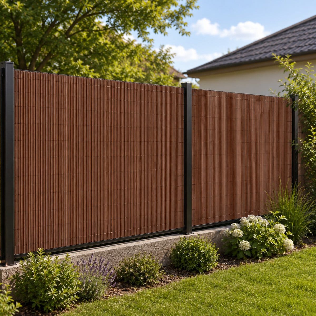rola-pvc-maro Panou de gard pentru intimitate in gradina, lamele PVC ce imita bambusul, protectie UV, 400x100 cm, maro Mob360 - imagine 1