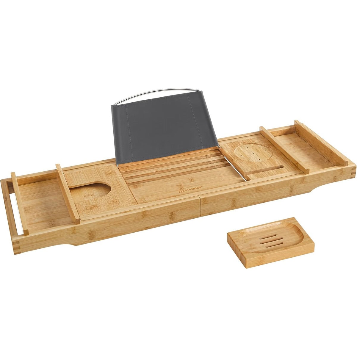 BCB88Y-9 Tava extensibila pentru cada din bambus, cu suport pentru carte, pahar si sapun, (75-109)x23x5 cm, natur Mob360 - imagine 1