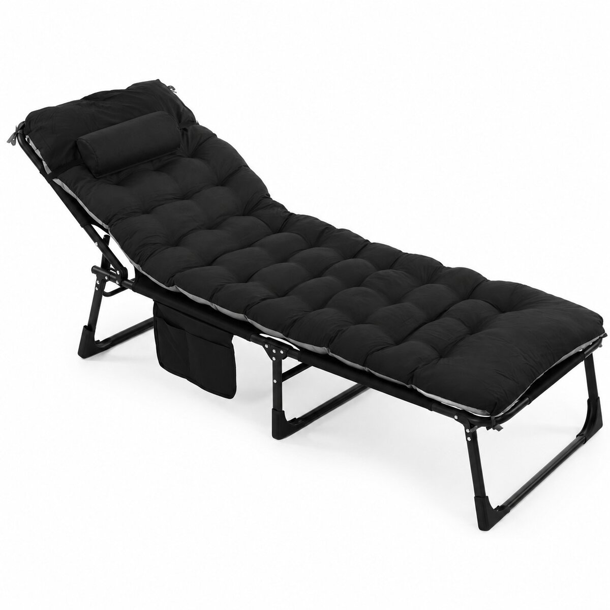 CS-0190-5 Sezlong pliabil gradina cu saltea confortabila si perna, reglabil 3 pozitii, buzunar lateral, maxim 120 kg, 175x57x71 cm, gri si negru Mob360 - imagine 1
