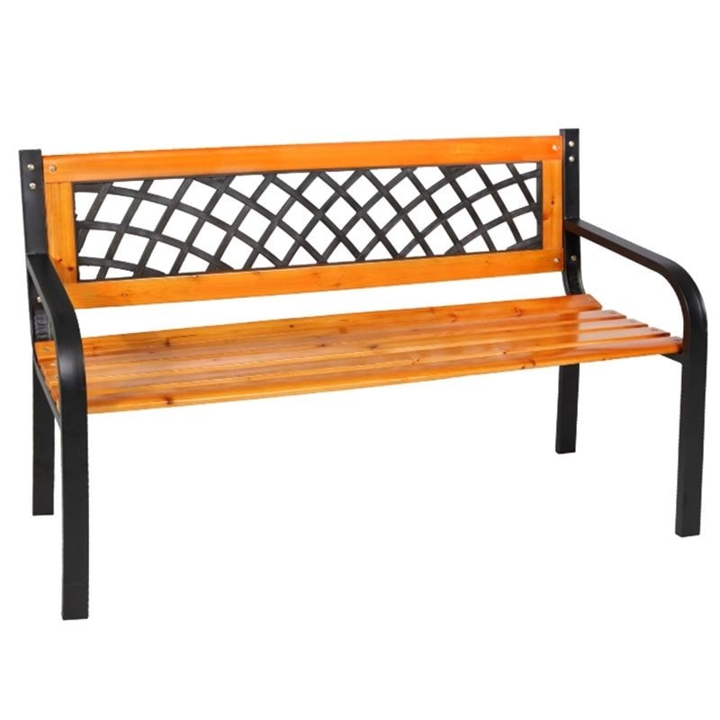 GO-O18-00 Banca de gradina din lemn si otel cu spatar decorativ, 120x53x73 cm, negru si maro natur Mob360 - imagine 1