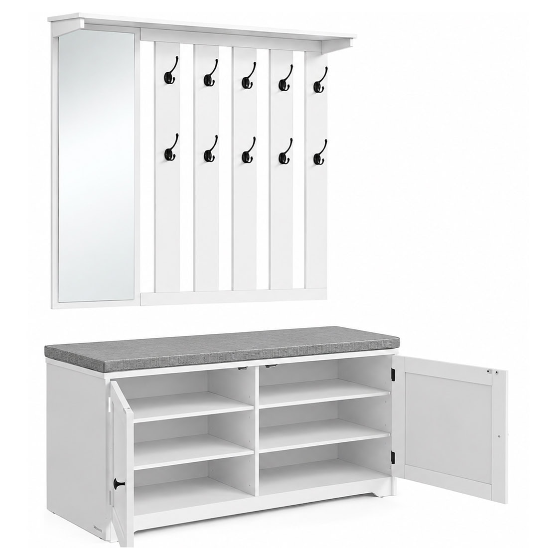 LSC011W01 VASAGLE Cuier hol cu pantofar si oglinda, piese separate, 10 carlige duble, banca cu sezut captusit, PAL, 101x40 cm, alb Mob360 - imagine 1