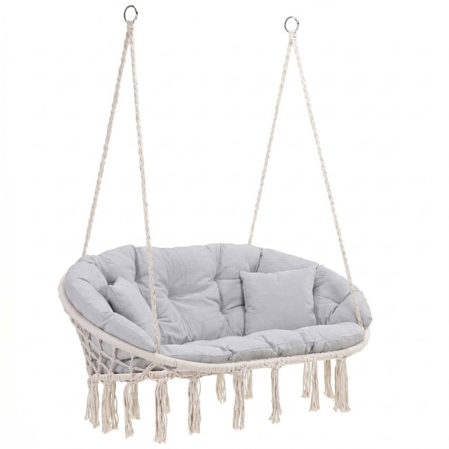 SPR-0049-13 Scaun dublu tip leagan suspendat pentru casa sau gradina, cu perne, stil boho, 130x66x120 cm, maxim 300 kg, crem si gri Mob360 - imagine 1